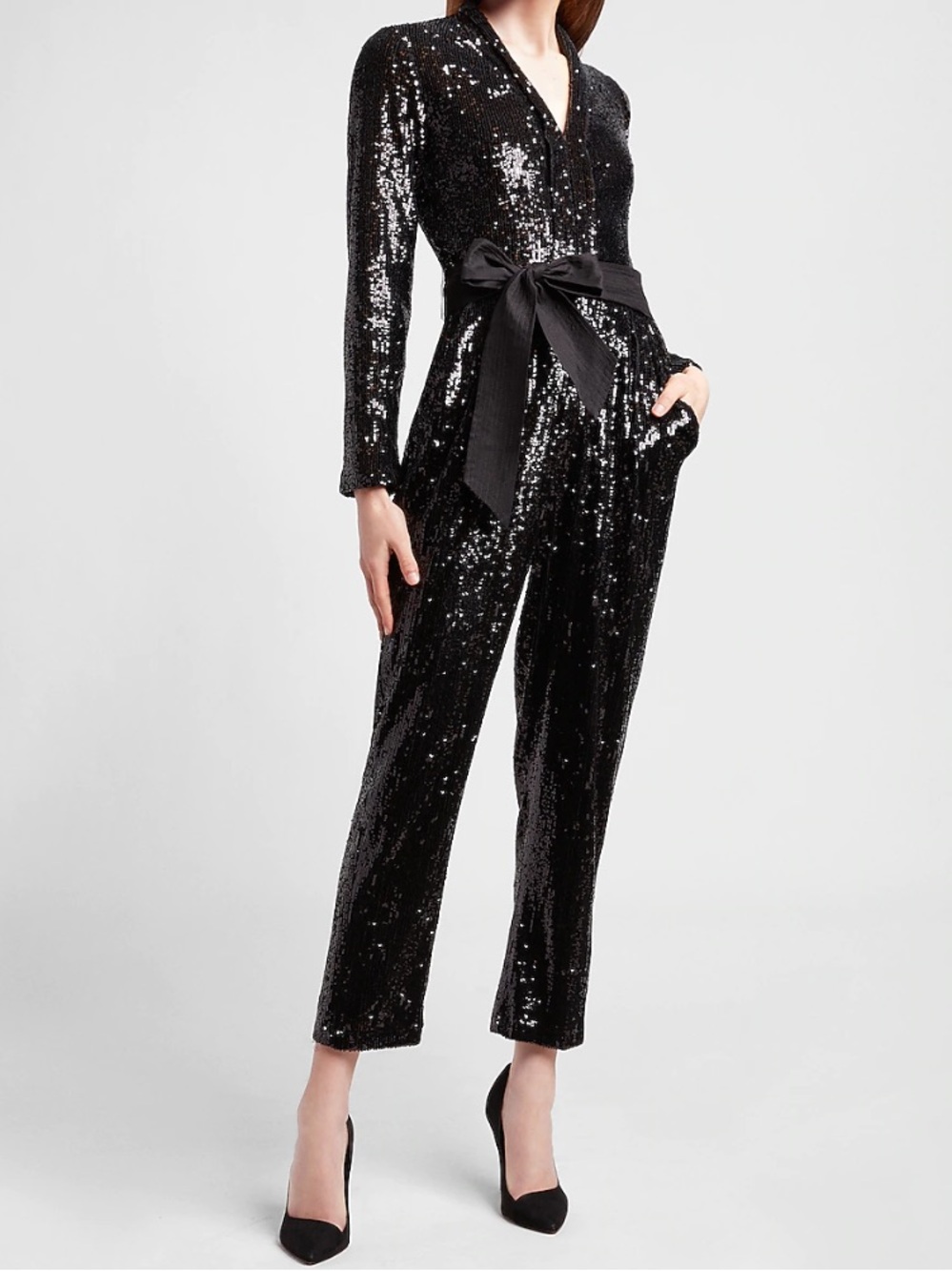 NEW Express Sequin Padded Shoulder Long Sleeve Jumpsuit, Size XS